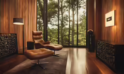 a living room with a chair, lamp and window