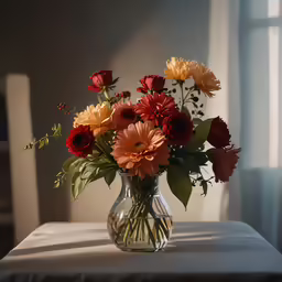 a glass vase filled with assorted colored flowers