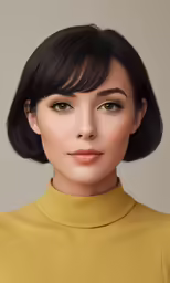 a woman with short black hair in a yellow dress
