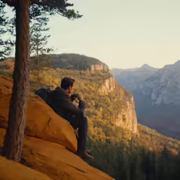 a man is sitting on top of a large rock
