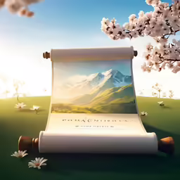 a white sheet with an image of mountains and trees, with flowers on the ground