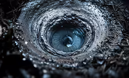 an eye is surrounded by grass and water