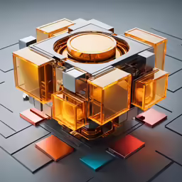 a yellow and glass object is in the middle of a square