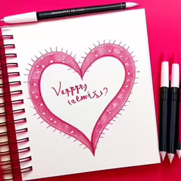 two markers next to a notebook with a drawing of a heart,a notebook and three crayons with a happy valentine written on it