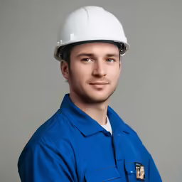 an employee wearing a helmet is smiling for the camera
