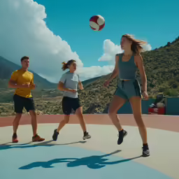 a man and woman playing frisbee on a track