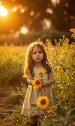 a small child holds up some flowers in the field