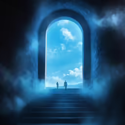 two people stand in the doorway to an eerie landscape