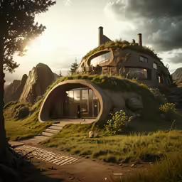 an unusual structure built into the ground surrounded by grass