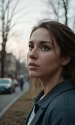 a woman standing on a sidewalk next to a street