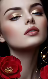 an elegant woman with gold makeup with rose