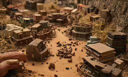 a toy town with many small buildings and piles of rubble