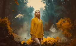 a young blonde wearing a yellow robe stands in the forest