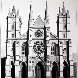 a black and white picture of the side of a church with multiple steeples