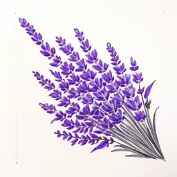 an illustration of some purple flowers with small petals,this is an image of purple lavender flower,the flower stem is blooming purple against the white backdrop,the flowers on the white sheet are purple,an image of a painting of purple flowers