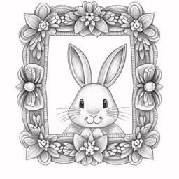 the frame with flowers and a bunny head,a drawing of a bunny surrounded by flowers