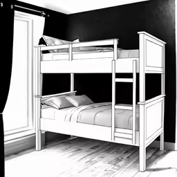 a bunk bed with white wooden floors and a window