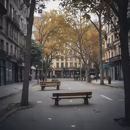 a bench on the ground between some trees