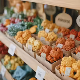 a table covered with trays of different types of cookies