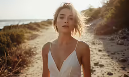 woman in white dress walking on beach with surf in background