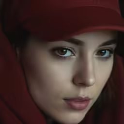 a woman in a red hat with her eyes open
