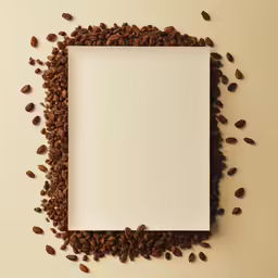 a pile of coffee beans with an empty picture frame