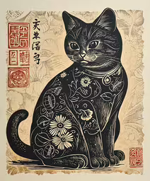 a black cat sitting on top of a wooden box,an illustration of a cat sitting in front of chinese writing