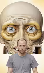 a balding man with large eyes standing next to a half - sized mask