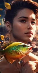 a woman is holding a fish in her hand,an artistic picture of a young woman holding a large fish in her hand