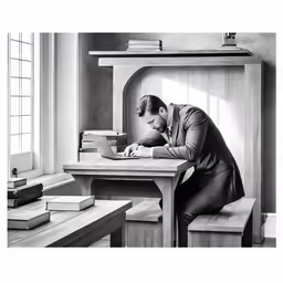 a man leaning over a table while using a laptop