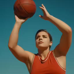 a young woman holding a basketball over her head