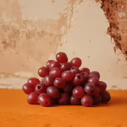 grapes are piled up in front of an ancient stone wall