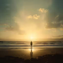 two people standing on the beach with the sun shining in