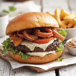 a huge hamburger topped with lettuce and tomatoes sitting next to a bowl of fries