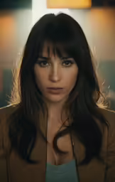 a beautiful young woman in brown jacket and green shirt