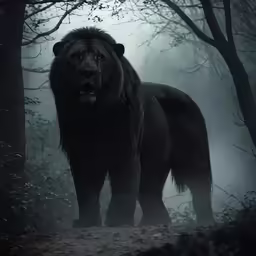 black lion standing in front of a forest