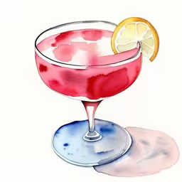 a drawing of a cocktail drink with lemon and ice,the margarita is garnished with a lemon wedge