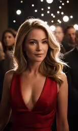 a woman in a red dress standing next to another woman