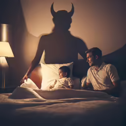 the man and child are in bed with their shadow