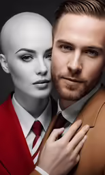 a man standing next to a mannequin head wearing a red suit