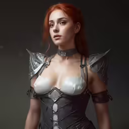 a redhead woman in black and white costume holding a sword