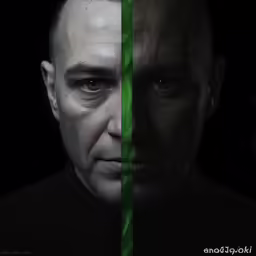 a man with a green and white striped face looking at the camera