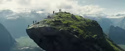 a very long and tall grassy hill with some animals,a mountain top with people standing on it, standing on a peak