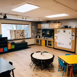 a classroom with tables and chairs near a white board