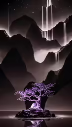 a black and purple picture with a tree in the foreground and mountains around it