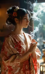 an oriental woman smoking a cigarette in the dark