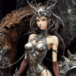 a sexy alien woman in armor next to a giant robot