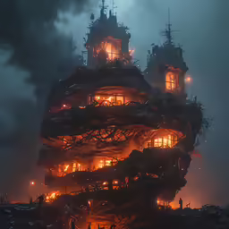 a tall tower building lit up at night with lights on it