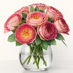 a vase with a bunch of pink roses inside