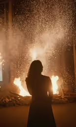 the woman is looking into an open fire pit